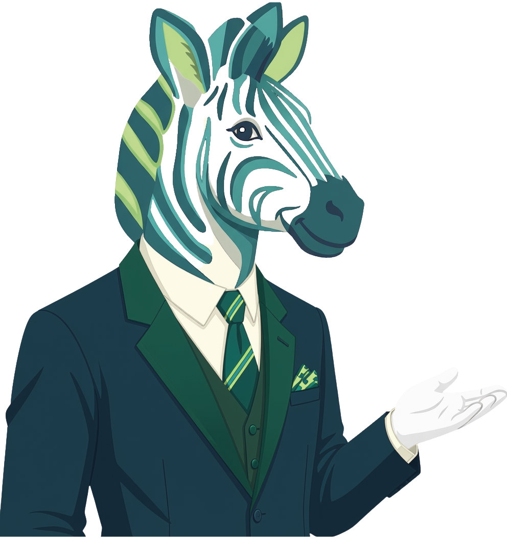 Zebby, the Scetra sidekick — a zebra in a navy suit extending a white-gloved hand in welcome